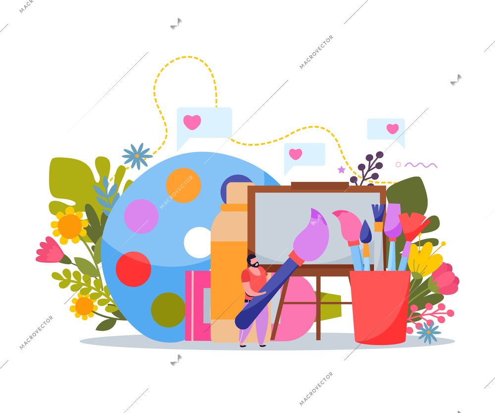 International artists day flat composition wooden easel with canvas palette and brushes cartoon vector illustration