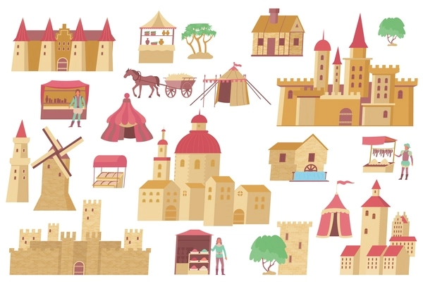 Medieval town flat set of isolated icons with city wall castles and tents with local people vector illustration