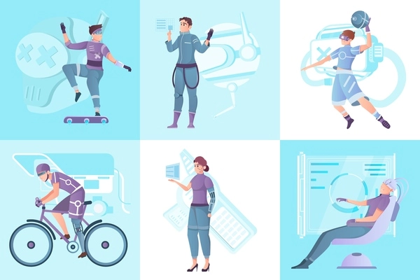 Set of six square compositions with people wearing cyberpunk exoskeleton suits with gadgets and vr masks vector illustration