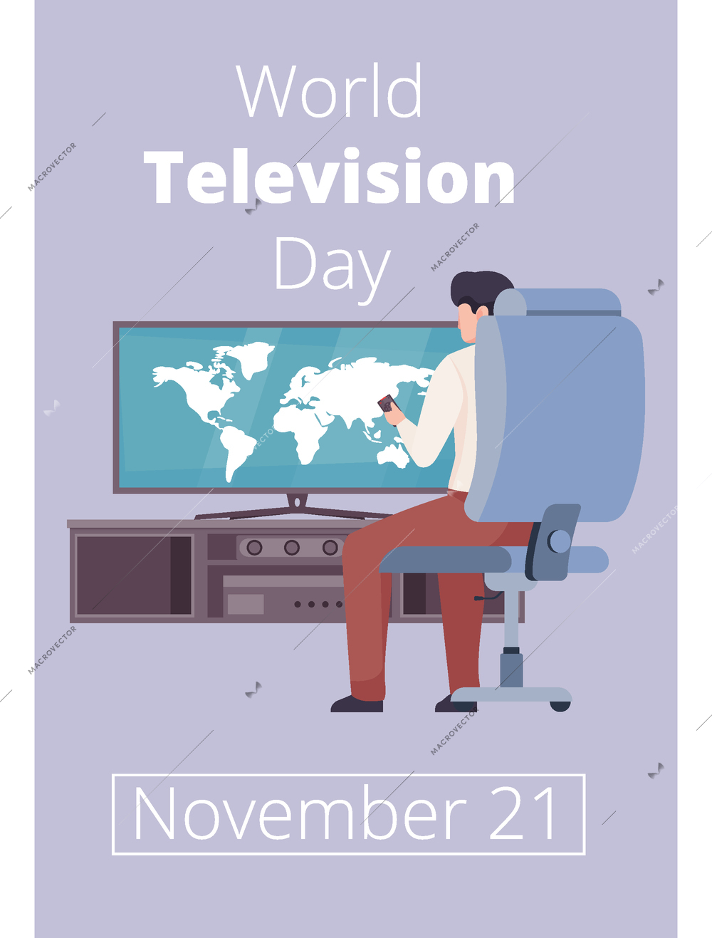 World television day card with vertical composition of flat male character watching tv with editable text vector illustration