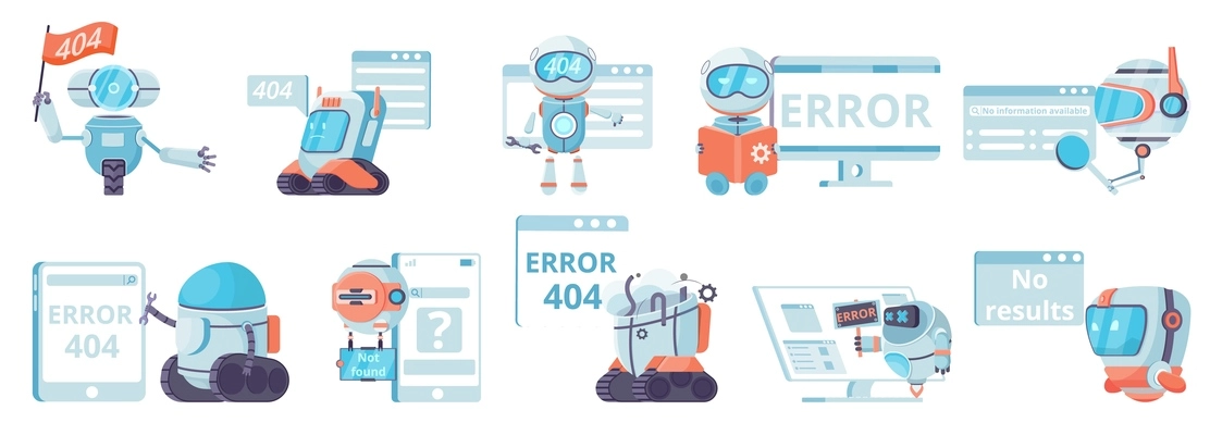 Not found results 404 error set of flat isolated icons with robots panic and computer windows vector illustration