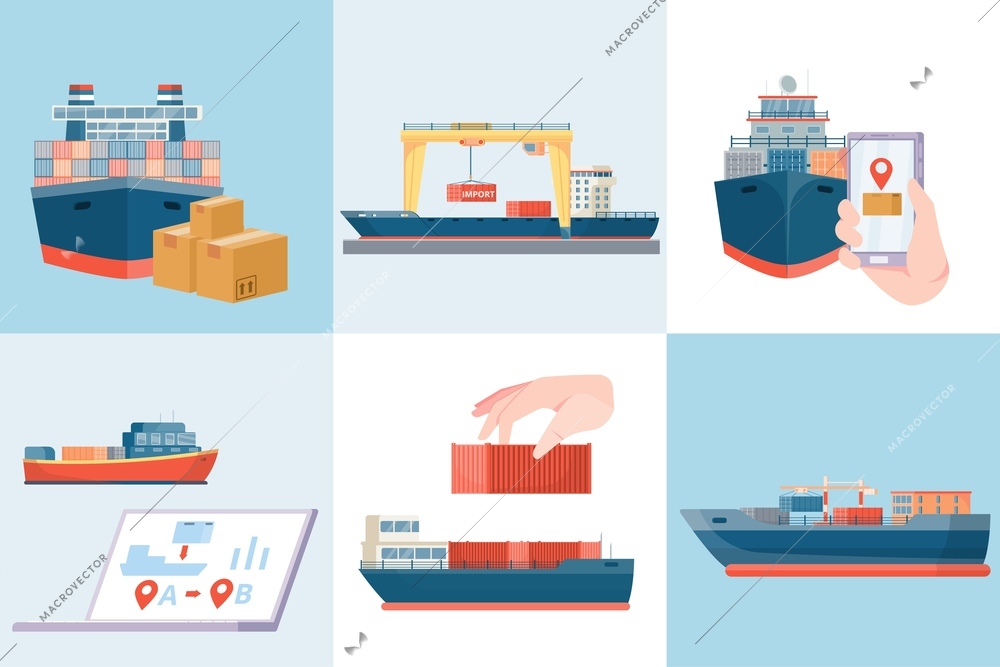 Delivery sea set of six square compositions with flat images of freight cargo ships and tracking vector illustration