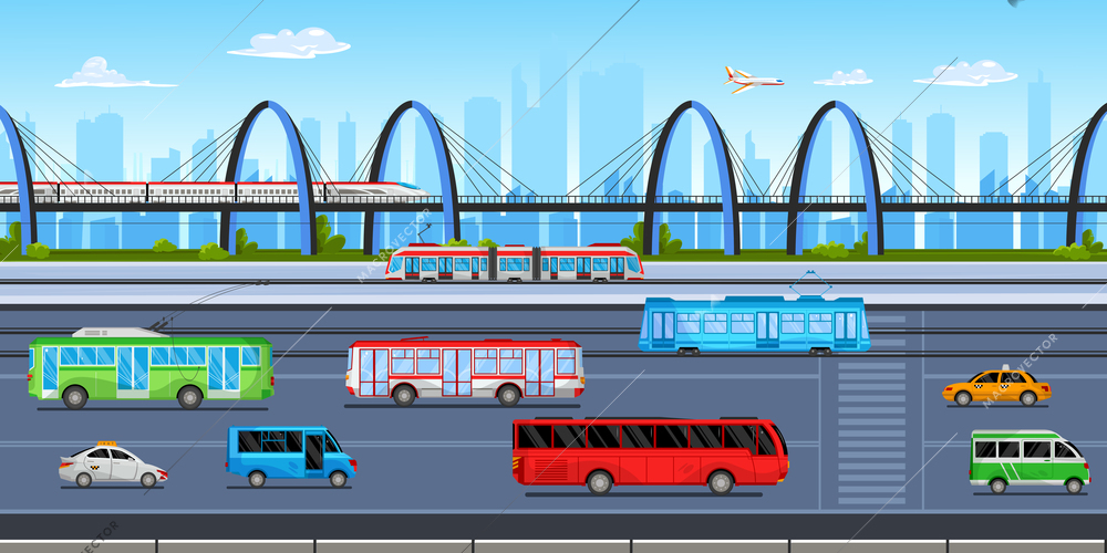 Flat cityscape with public transport taxi train bus tram trolleybus on road with silhouettes of skyscrapers on background vector illustration