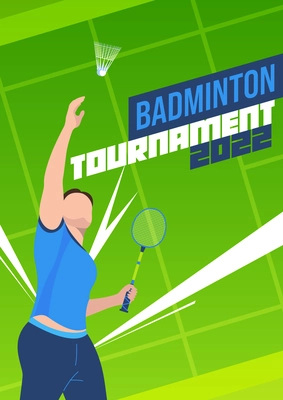 Flat vertical badminton tournament poster with male athlete holding racket throwing shuttlecock on background with green court vector illustration