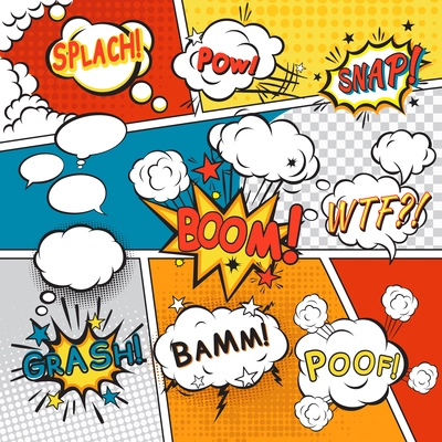 Comic speech bubbles in pop art style with splach powl snap boom poof text set vector illustration