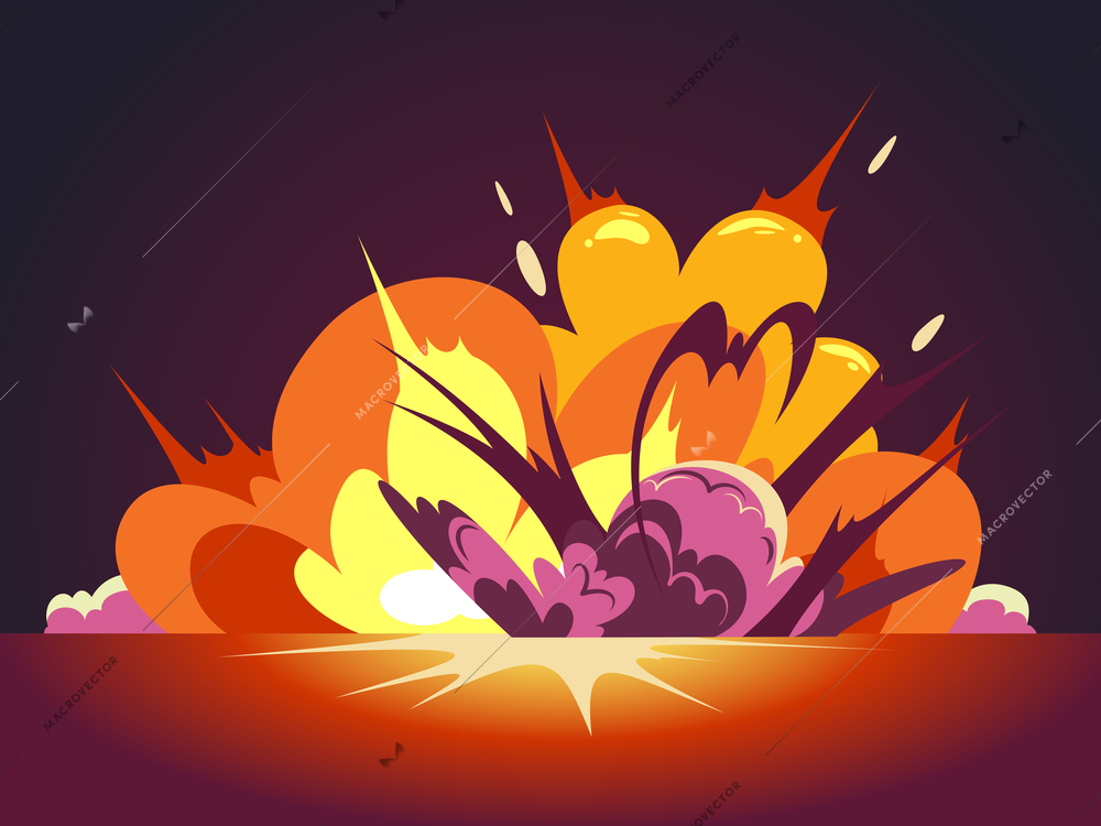 Cartoon massive fiery bomb explosion with clouds of smoke on background with dark sky vector illustration