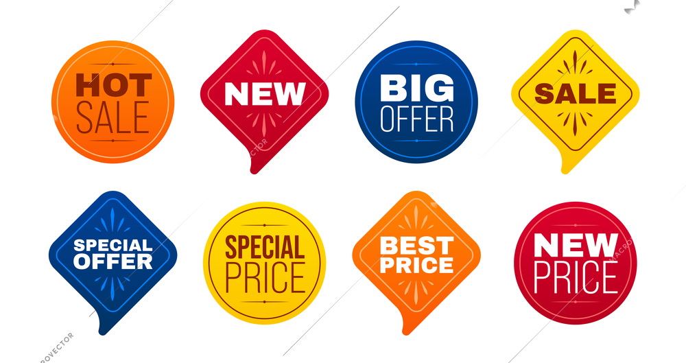 Realistic set with colorful badges for hot sale special offer best price isolated on white background vector illustration