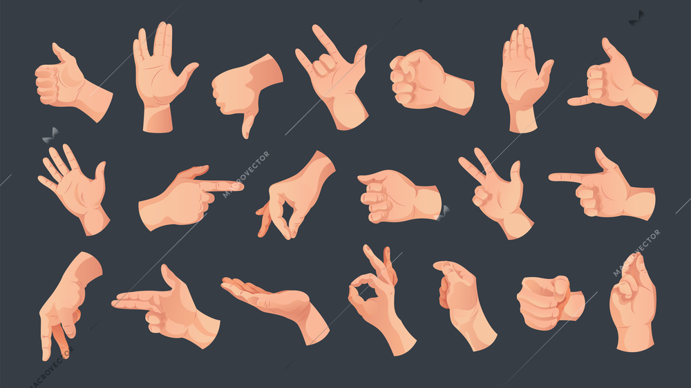 Human hands background set of isolated icons with various finger and hand gestures of white skin vector illustration