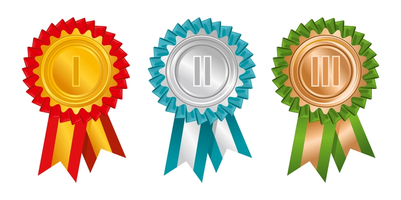 Rosettes rewards top places icon set colorful symbols of victory in competitions for the first second and third places vector illustration