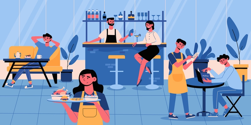 Visitors sit in the cafe while the bartender makes a cocktail and the waitress brings food vector illustration