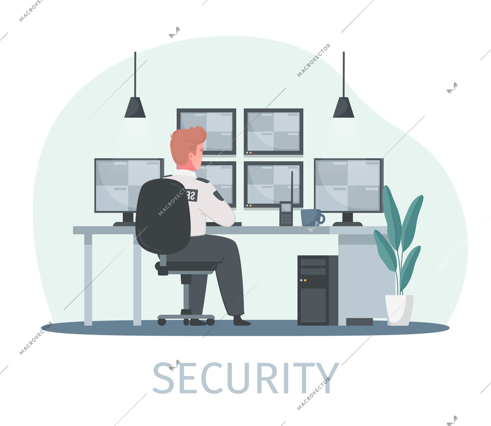 Security guard agency service cartoon composition with text and human character sitting at workplace with screens vector illustration