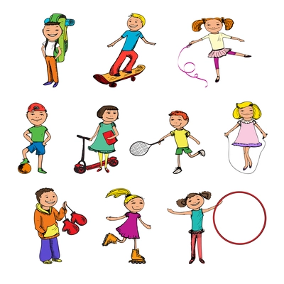 Children boys and girls with ball tennis racquet jumping rope sports colored sketch characters set isolated vector illustration
