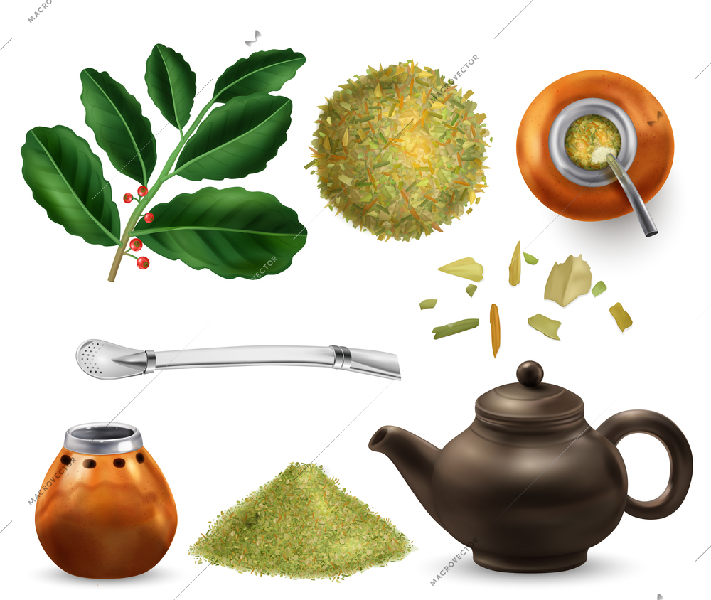 Yerba mate tea realistic set with drink equipment isolated vector illustration