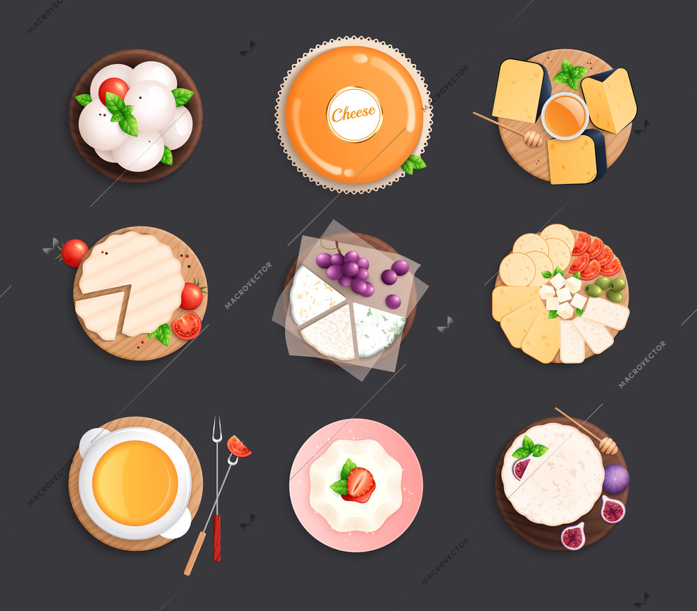 Cheese flat set of nine isolated top view images of trays and plates served with cheese vector illustration