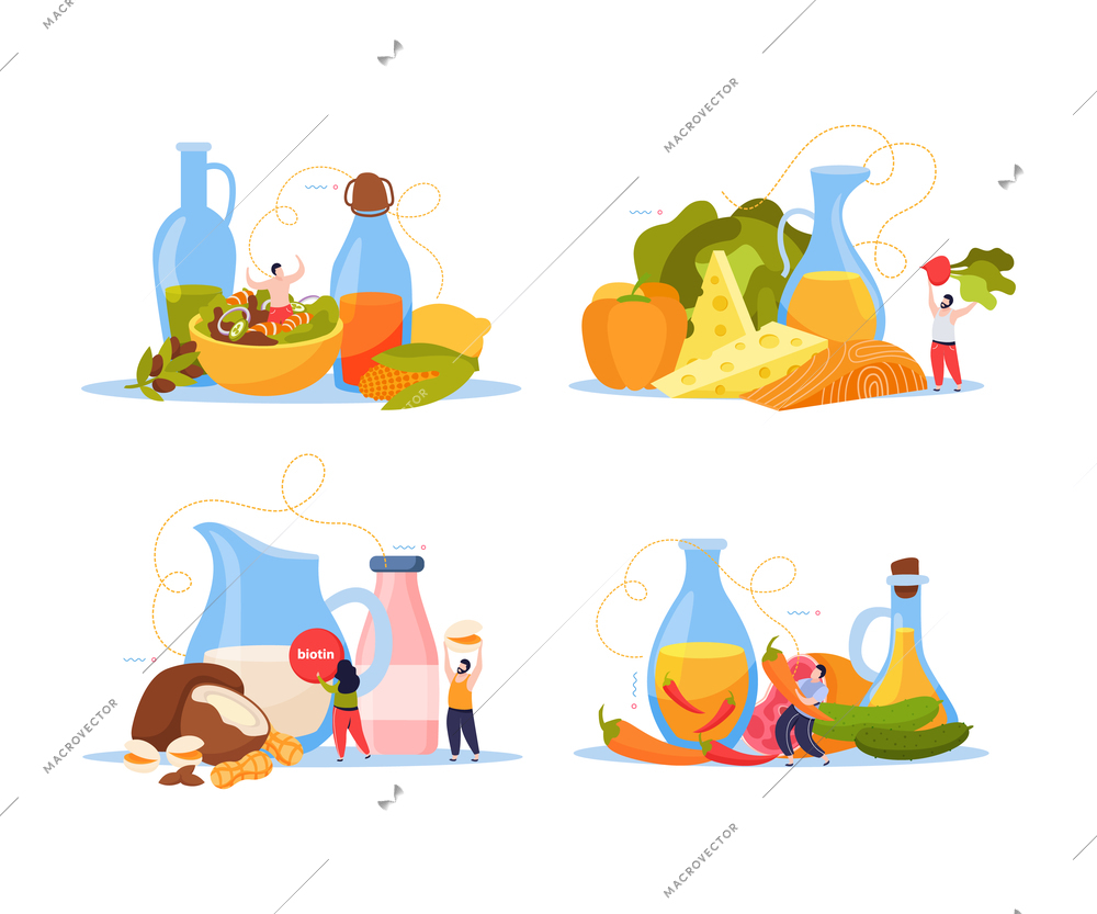 Food oils flat composition with combinations of various types of oils and food with people flat vector illustrations