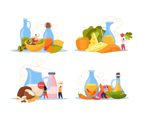 Food oils flat composition with combinations of various types of oils and food with people flat vector illustrations