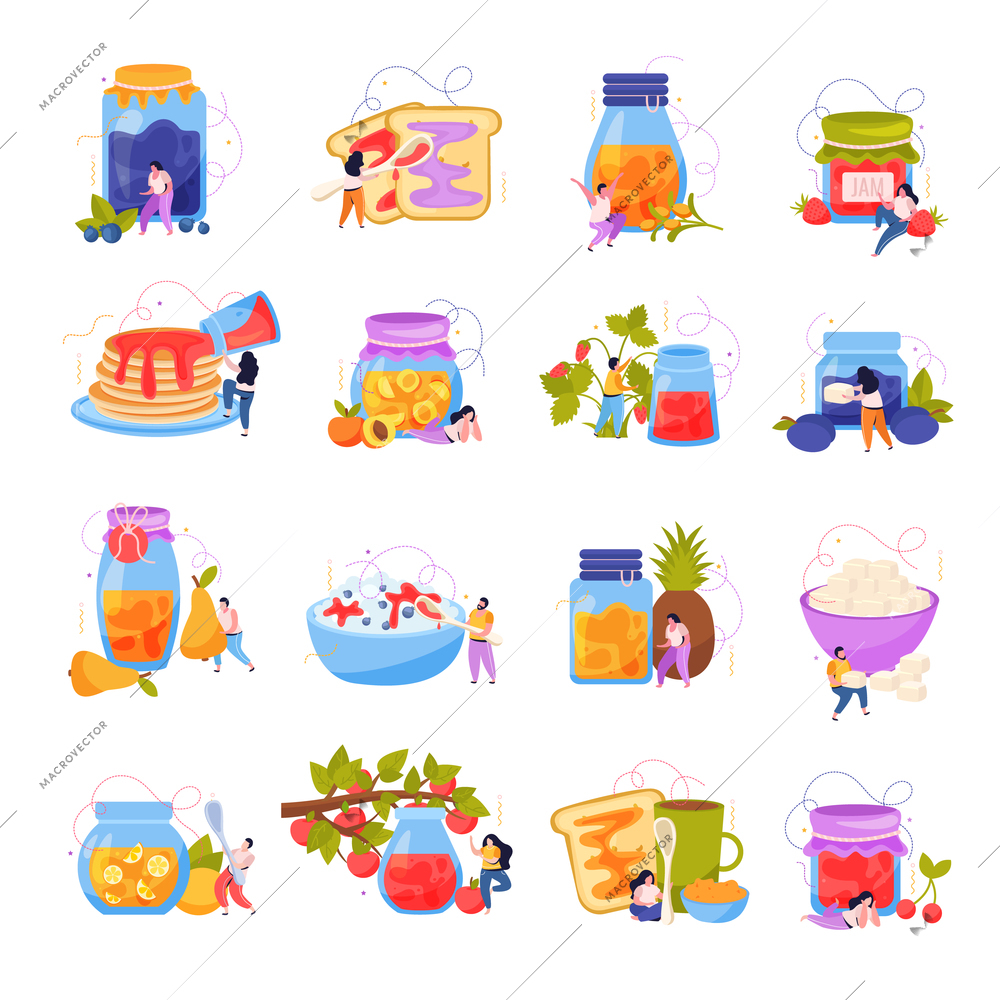 Jam production flat icons collection with isolated images of jars and sweet meals with human characters vector illustration