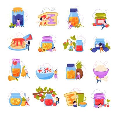 Jam production flat icons collection with isolated images of jars and sweet meals with human characters vector illustration