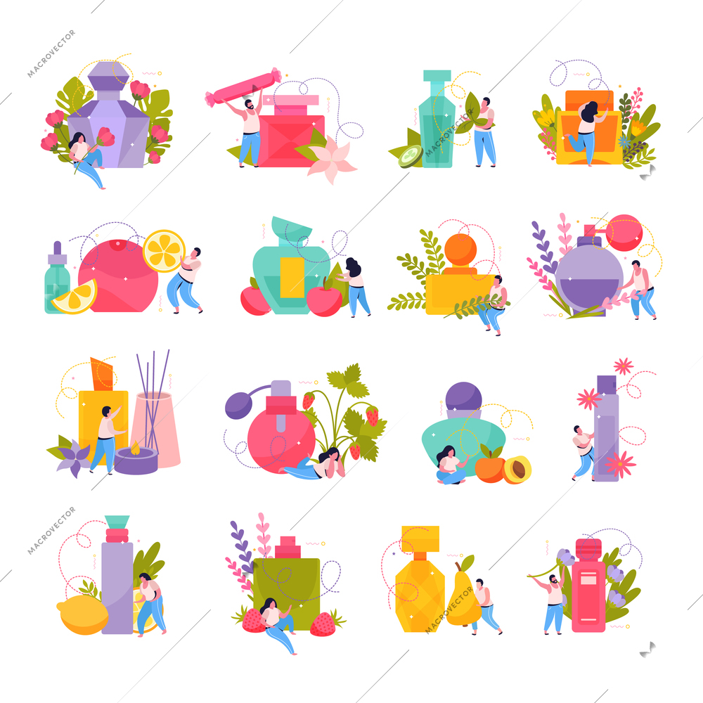 Set with isolated perfume flat icons of colorful jars and flasks with floral elements and people vector illustration