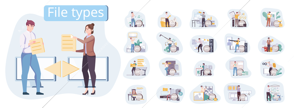 Set of isolated file compositions with flat images of people at working places with various extensions vector illustration