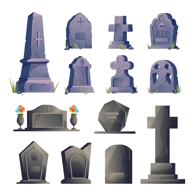 Cemetery gravestone icon set tombstones old and new in different sizes and colors with flower beds vector illustration