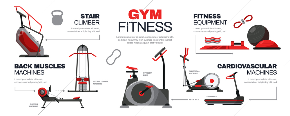 Gym fitness infographic with stair climber back muscles machine fitness equipment cardiovascular machines descriptions vector illustration