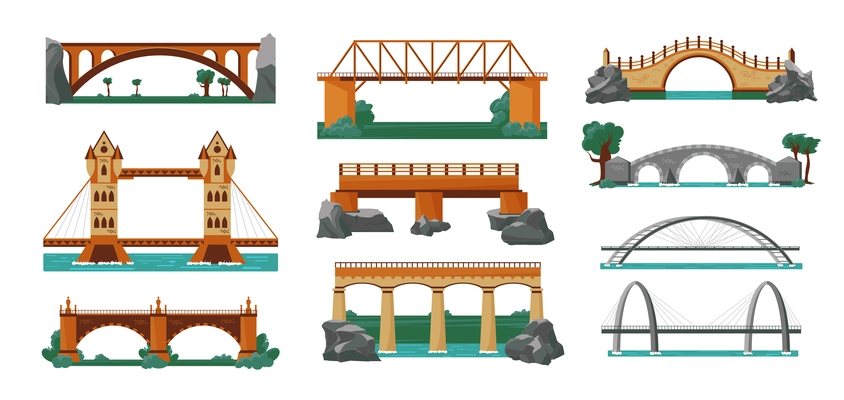 Bridges color icon set structures for different terrain and landscape on the mountains plains across the sea and ocean vector illustration