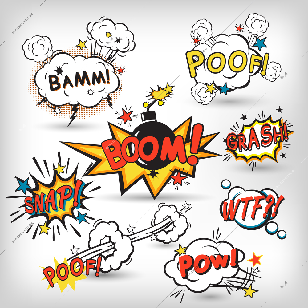 Comic speech bubbles in pop art style with bomb cartoon explosion splach powl snap boom poof text set vector illustration