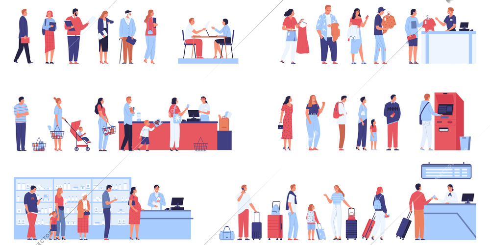 Set of isolated long queue compositions with human characters of passengers shop line and supermarket visitors vector illustration