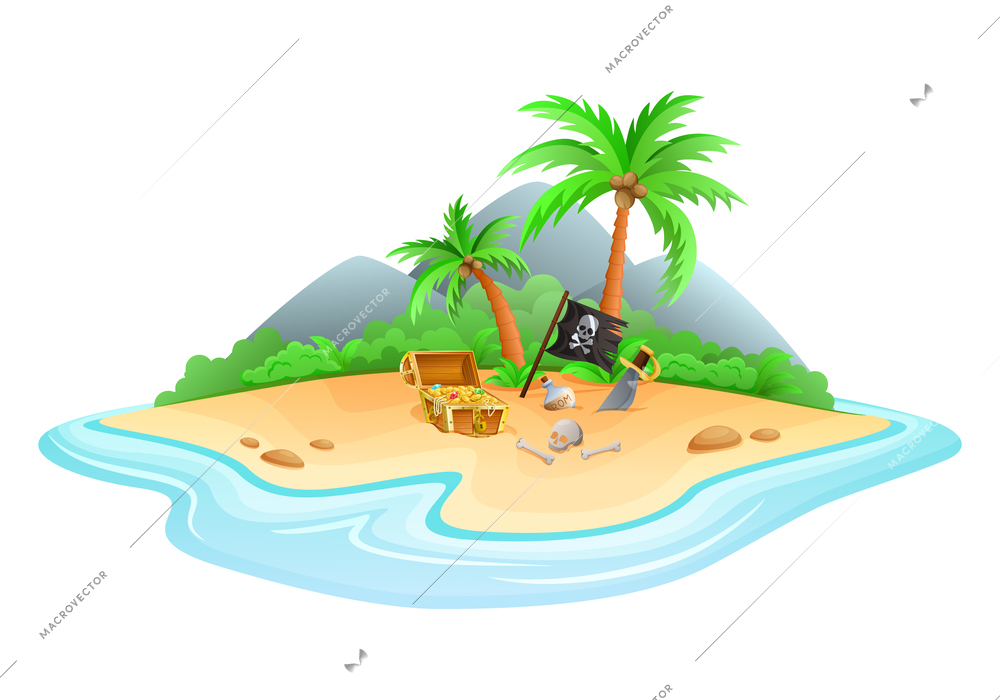 An image of a uninhabited island on which there is an open chest with treasures cartoon vector illustration