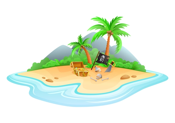 An image of a uninhabited island on which there is an open chest with treasures cartoon vector illustration