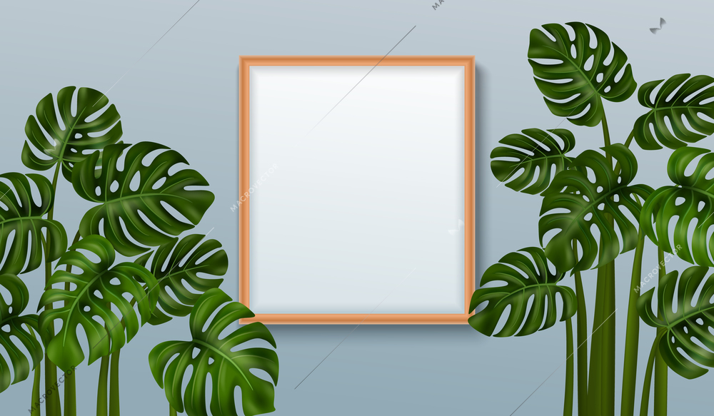 A house plant called monstera in the amount of two pieces arranged by a mirror realistic vector illustration