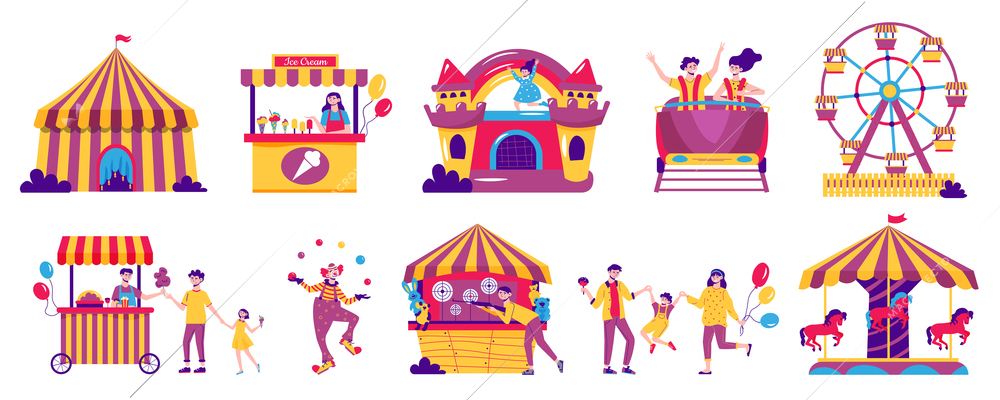 Amusement park color set with isolated images of big top trampoline food stalls visitors and workers vector illustration