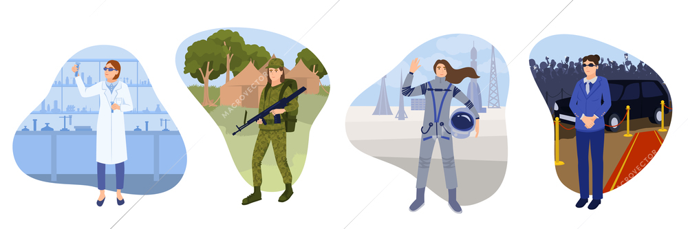 Set of four isolated woman professions flat compositions with scientist soldier astronaut and body guard characters vector illustration