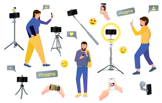 Vog equipment phone shooting flat background with isolated emoticon bubbles selfie sticks tripods smartphones and people vector illustration