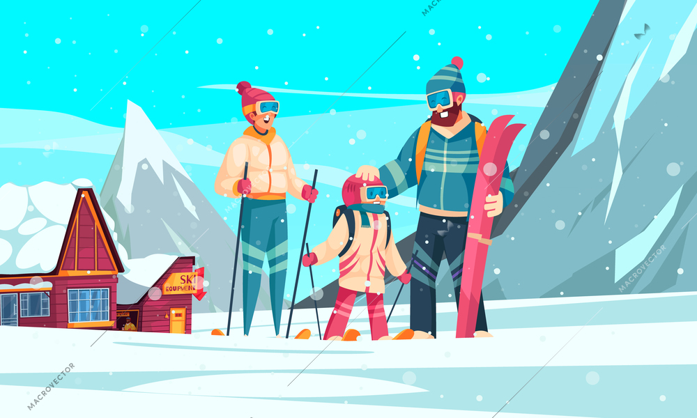 Winter ski resort cartoon composition with young family on skis in snow mountains peaks on background vector illustration