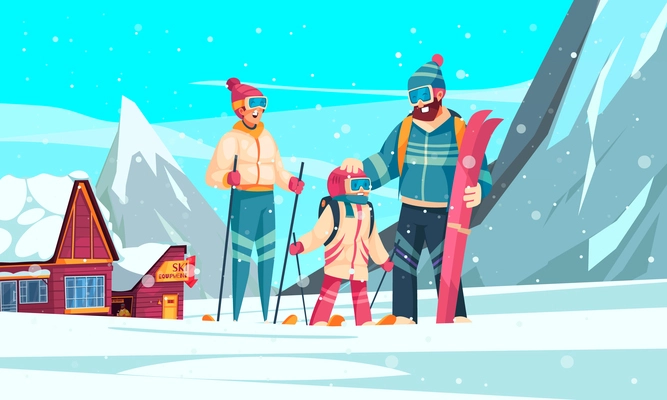 Winter ski resort cartoon composition with young family on skis in snow mountains peaks on background vector illustration