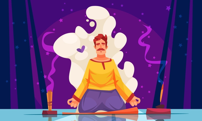 Meditation with aromatherapy cartoon composition man in yoga pose meditating in stick incense scent smoke vector illustration