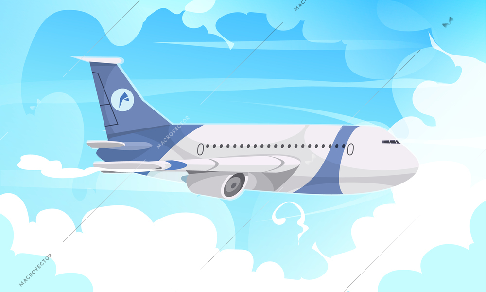 Passenger aircraft flying closeup side exterior view against blue cloudy sky background air travel advertisement vector illustration