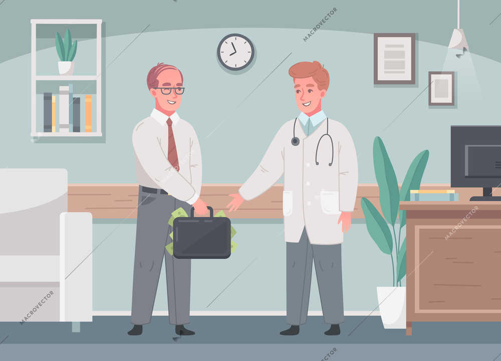 Health care fraud corruption cartoon composition with doctor in uniform taking bribe in his office vector illustration