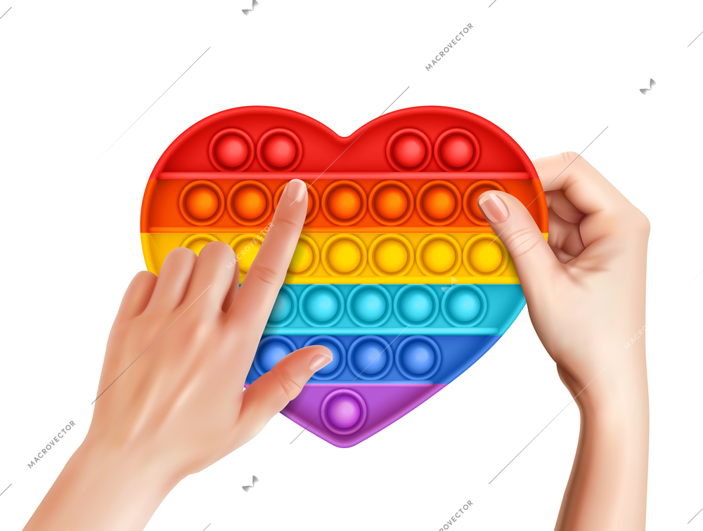 Female hands using trendy rainbow color pop it antistress toy in shape of heart realistic vector illustration