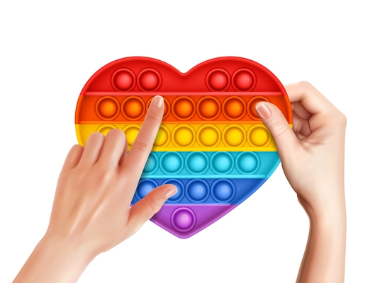 Female hands using trendy rainbow color pop it antistress toy in shape of heart realistic vector illustration