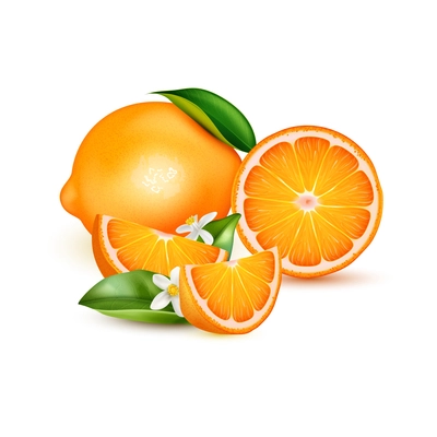 Realistic composition with whole and cut fresh ripe oranges with leaves and flowers on white background vector illustration