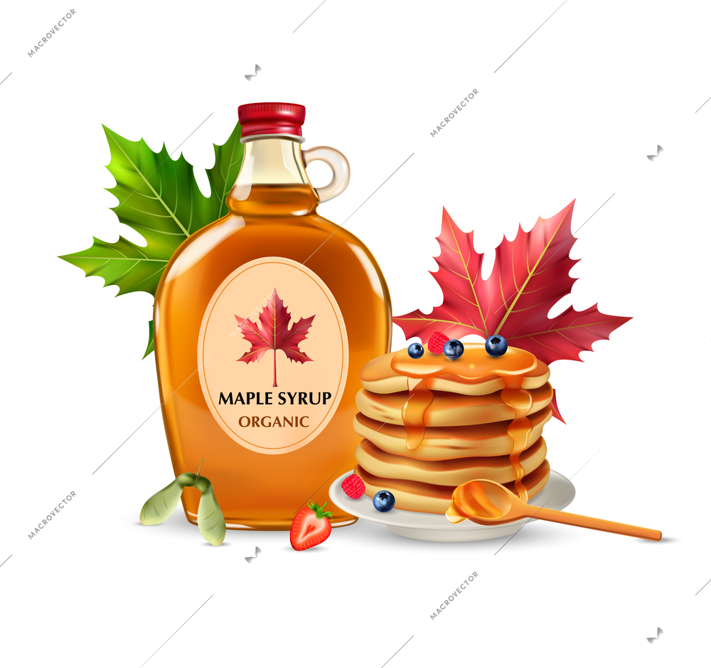 Branded glass bottle of organic maple syrup tree leaves and plate of pancakes with topping realistic vector illustration