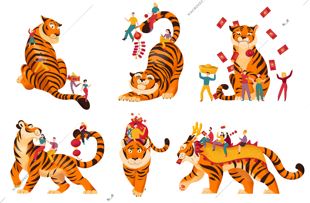 Tiger chinese zodiac sign funny flat set with animals happy people holding traditional holiday decorations isolated vector illustration