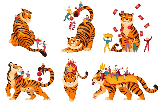 Tiger chinese zodiac sign funny flat set with animals happy people holding traditional holiday decorations isolated vector illustration