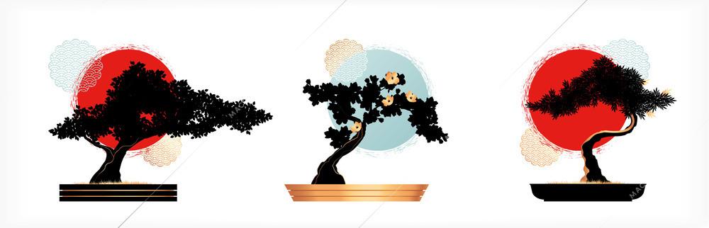 Three flat emblems in japanese style with bonsai tree silhouettes isolated vector illustration