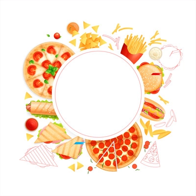 Fast food round frame in flat style with pizzas sandwiches chips nachos sauces hot dogs burger vector illustration