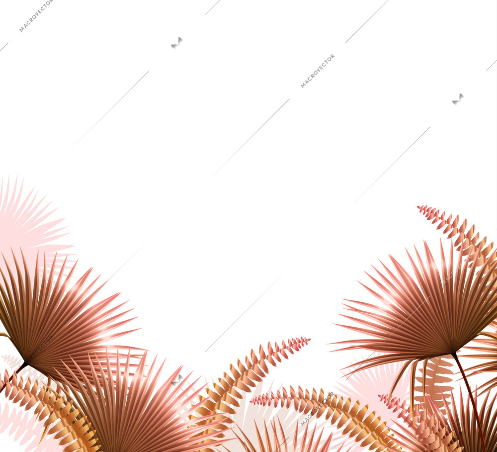 Brown tropical leaves of different plants on white background realistic vector illustration