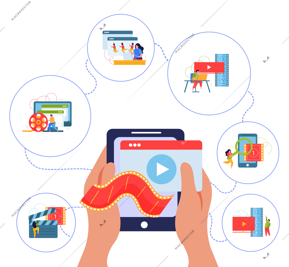 Animation and motion design for mobile app concept with round icons and smartphone in human hands flat vector illustration